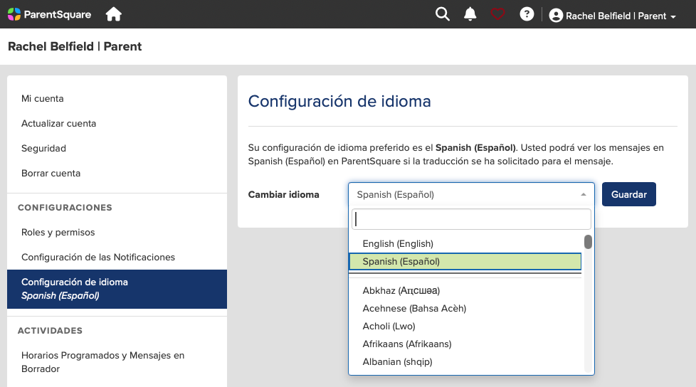 screenshot of selecting a different language on the ParentSquare website