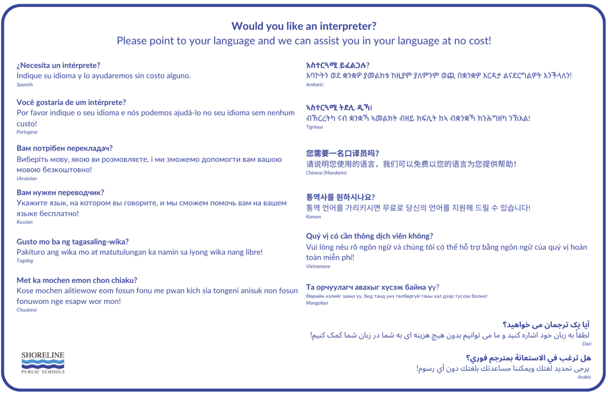 sign that office visitors can point to and request interpretation in various languages