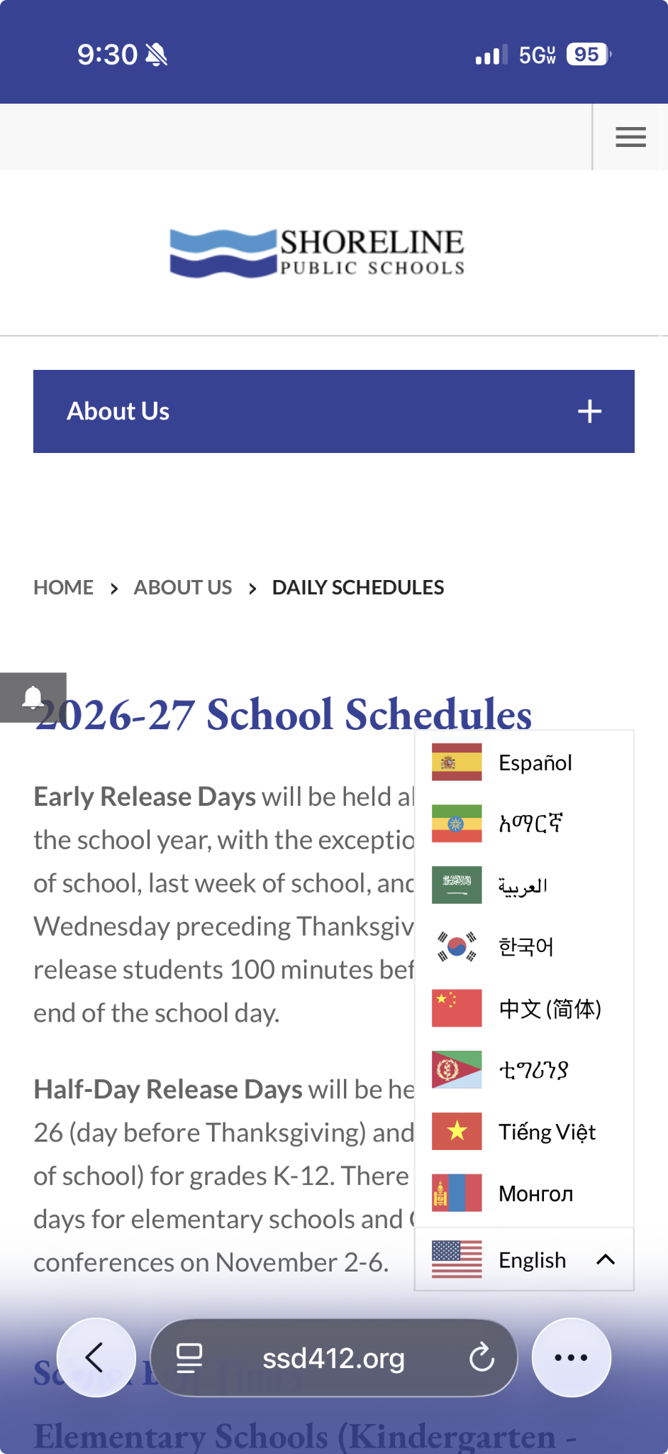 screen shot of selecting a language to translate a district webpage