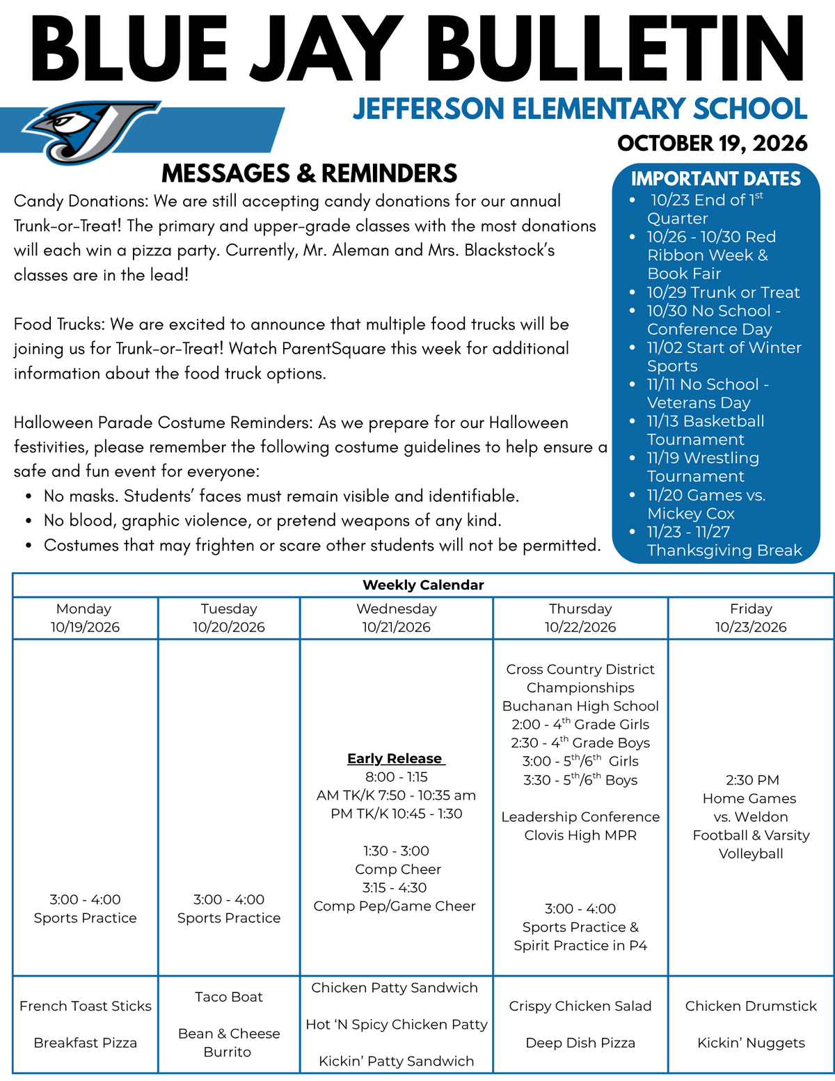 Blue Jay Bulletin ~ Week of October 19, 2026
