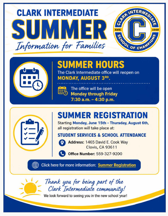 Clark Intermediate Summer Hours and Registration Information