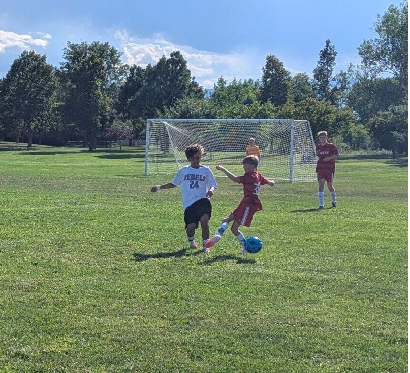 Two young boys play soccer on a grassy field with a goal in the background.
