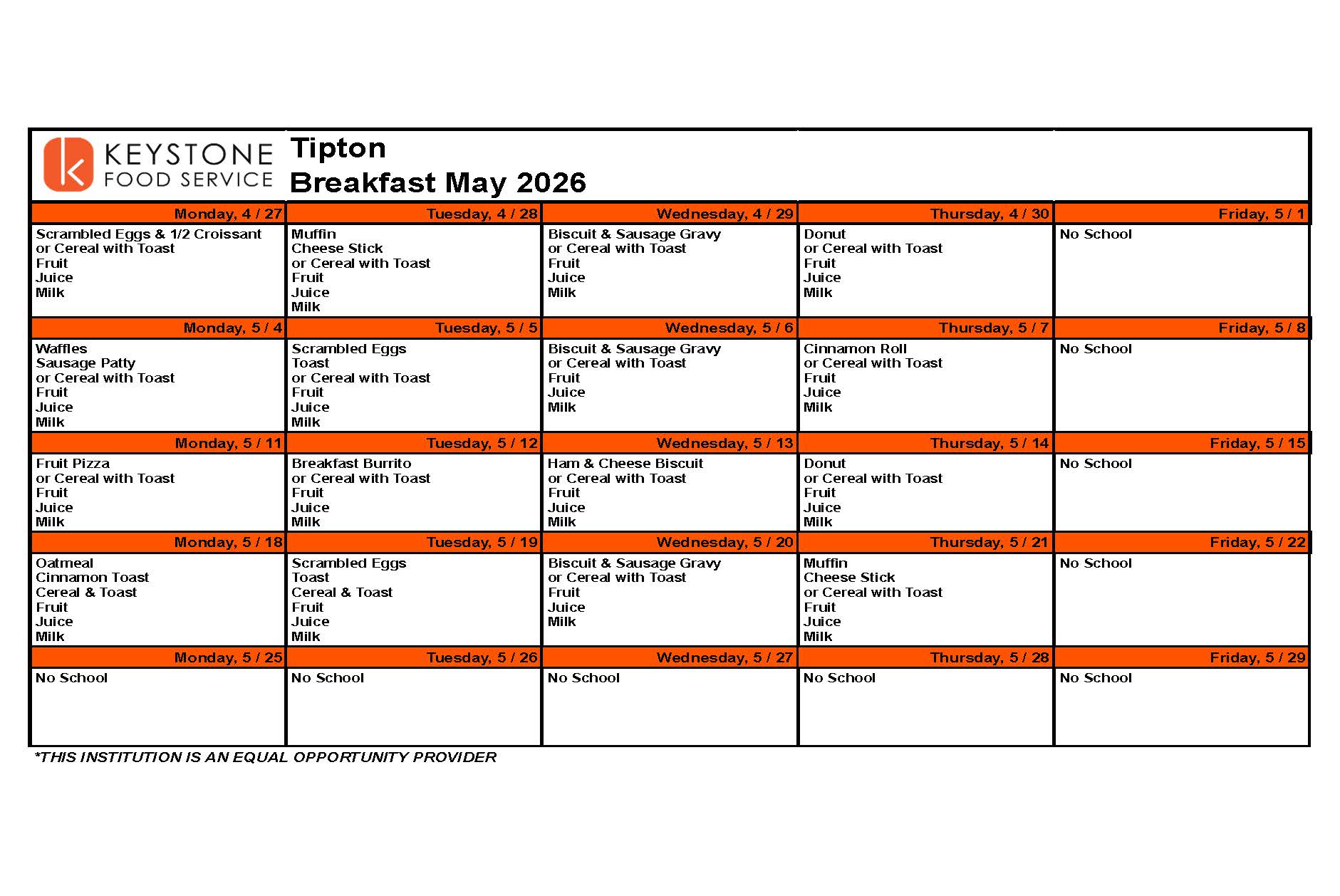 May Breakfast and Lunch Menu