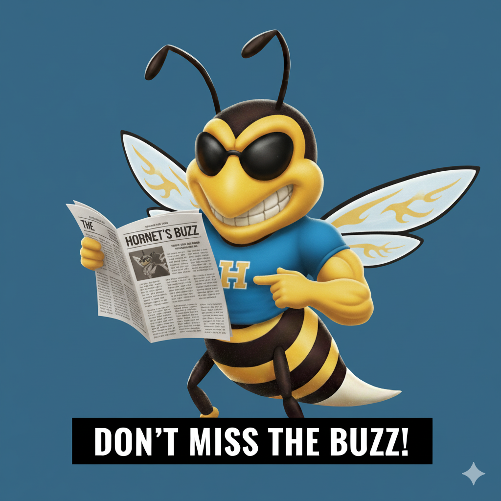 A cartoon bee wearing sunglasses and a blue shirt with an 'H' logo reads a newspaper titled 'The Hornet's Buzz'.
