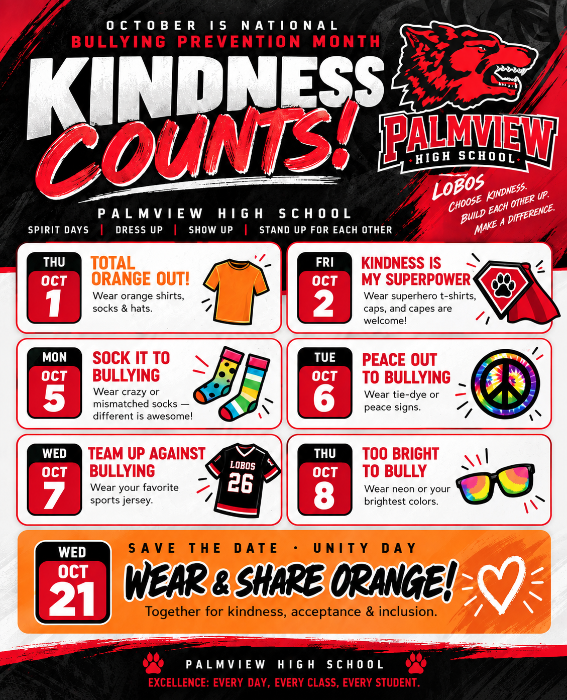 🧡 Kindness Counts! Bullying Prevention Spirit Days 🐺