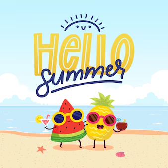 A cheerful watermelon and pineapple, wearing sunglasses, stand on a beach with drinks.