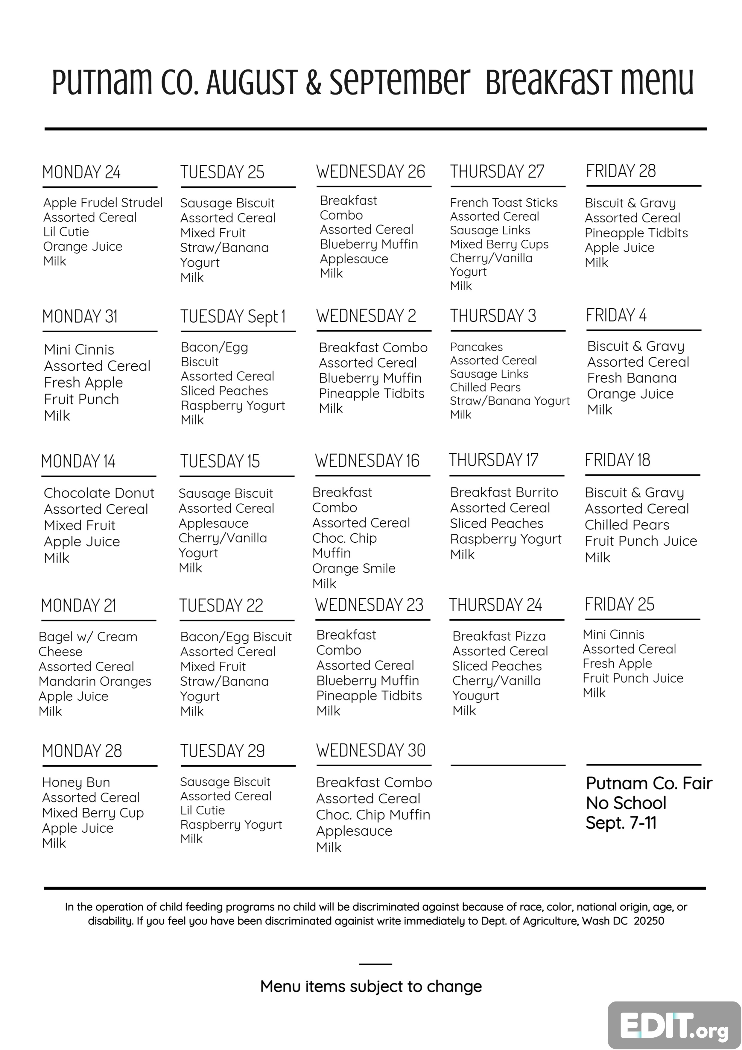 Putnam County August and September 2026 breakfast menu. Breakfast is listed by school day from August 24 through September 30. There is no school September 7–11 for the Putnam County Fair. The complete menu for each date is provided in the accompanying ParentSquare post. Menu items are subject to change.