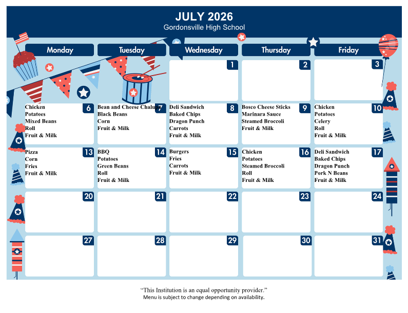 July 2026 school lunch menu for Gordonsville High School, featuring daily meal options.