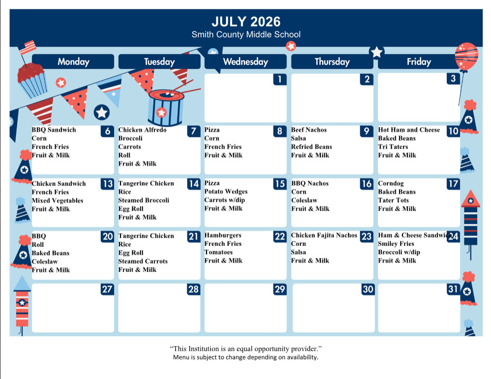 July 2026 school lunch menu for Smith County Middle School, featuring daily meal options.