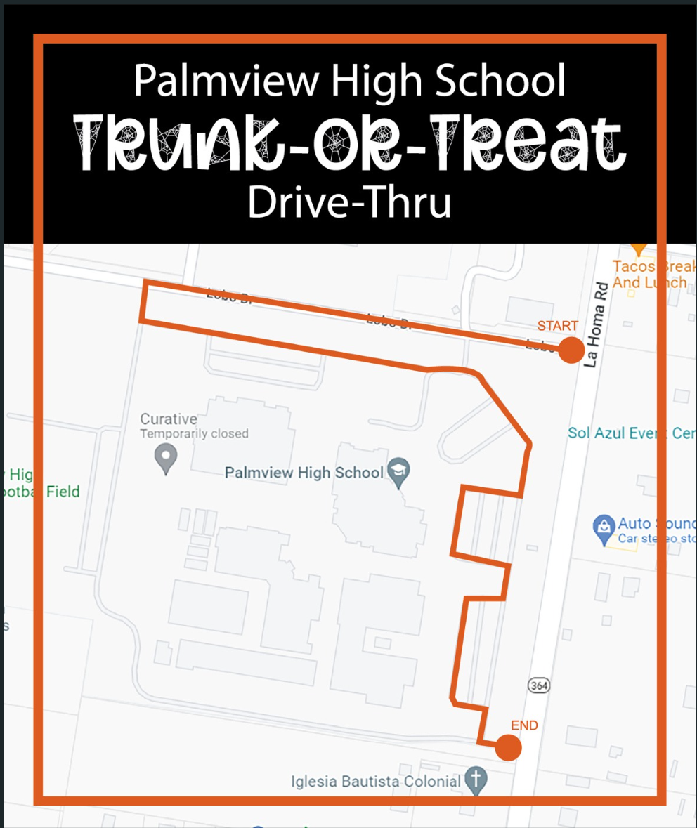 A map of Palmview High School showing the route for a Trunk-or-Treat Drive-Thru event, marked with a start and end point.