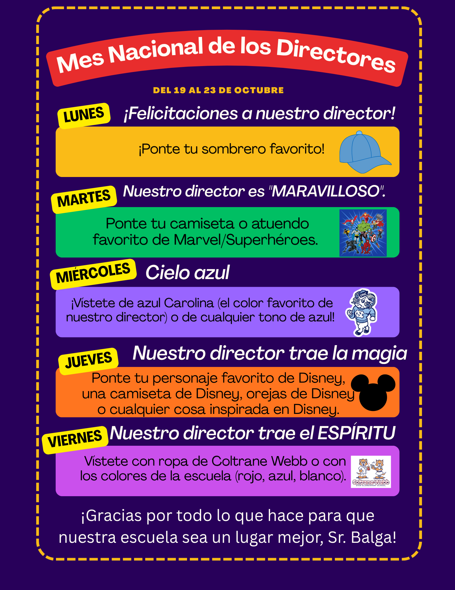 A colorful Spanish flyer outlines a spirit week for National Principals' Month from October 19-23, honoring Mr. Balga.