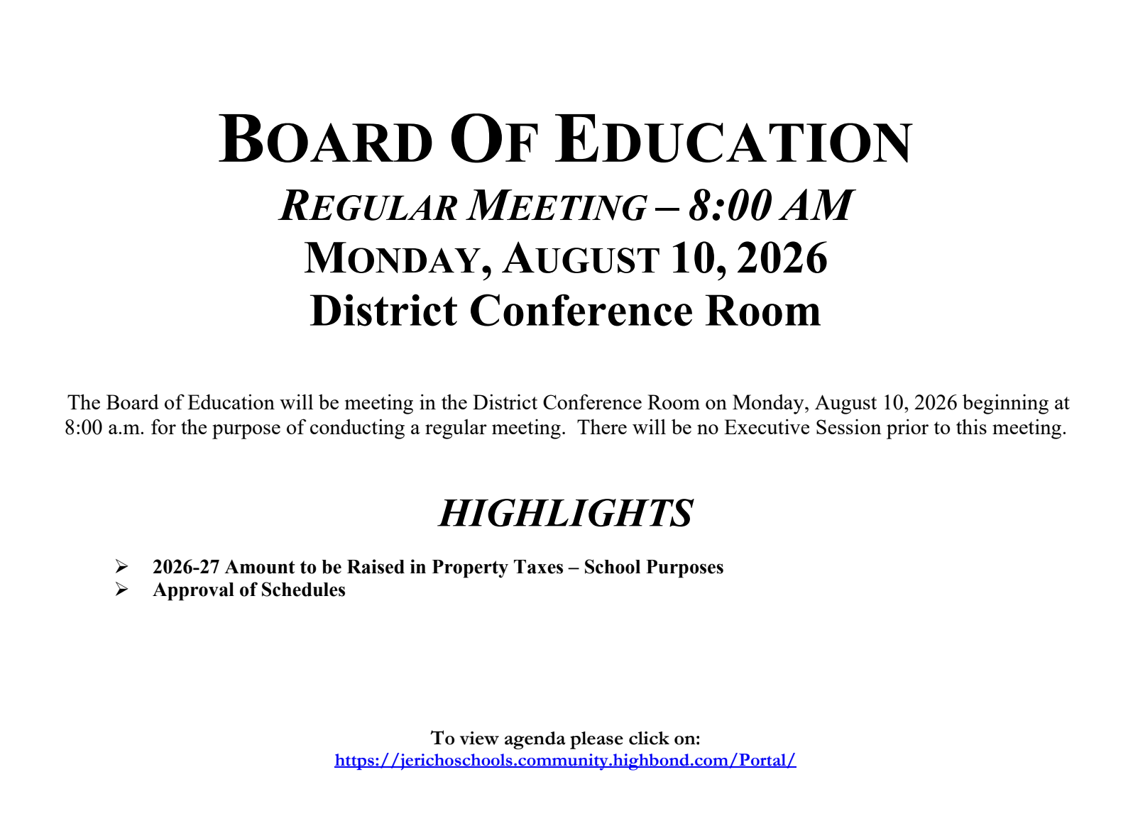 Meeting Notice: Board of Education Meeting on Monday at 8:00 AM