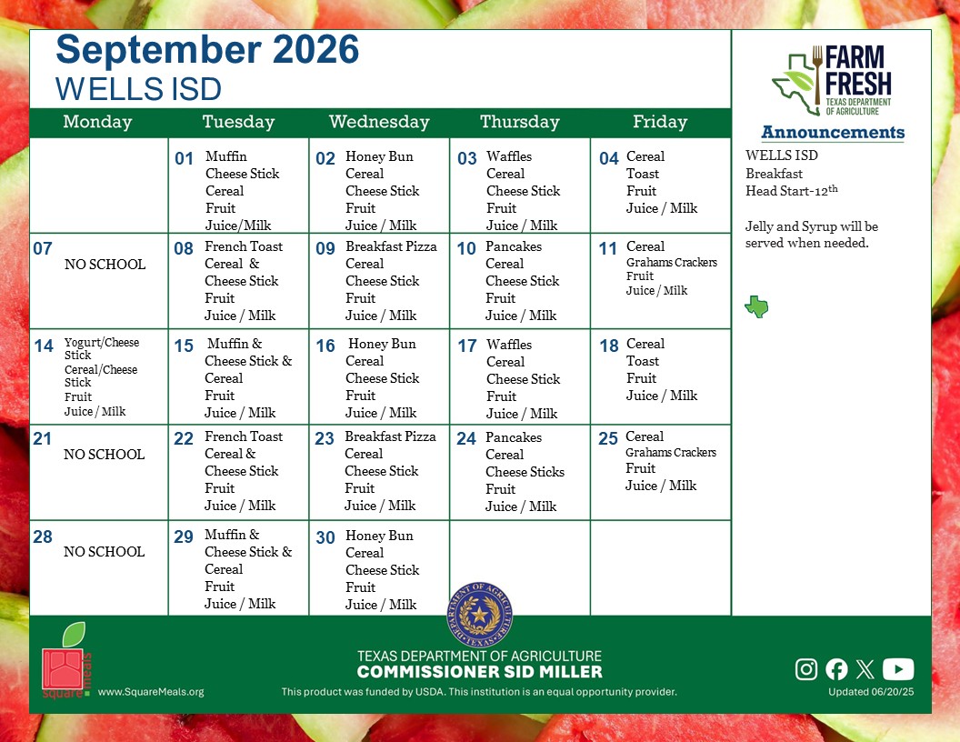 September Cafeteria Menu