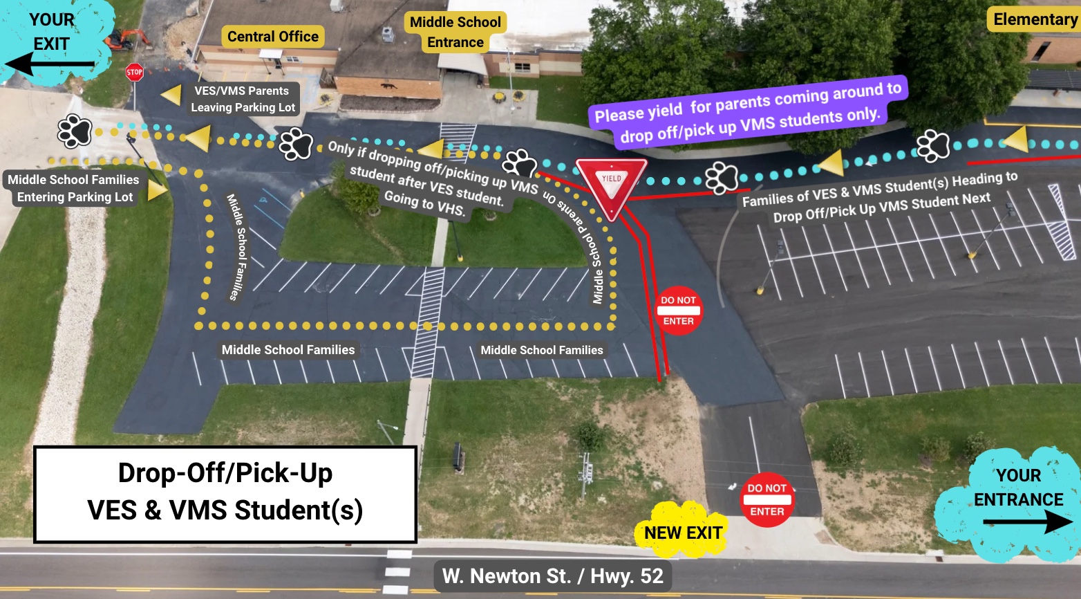 Aerial view of school drop-off and pick-up traffic flow for VES and VMS students.