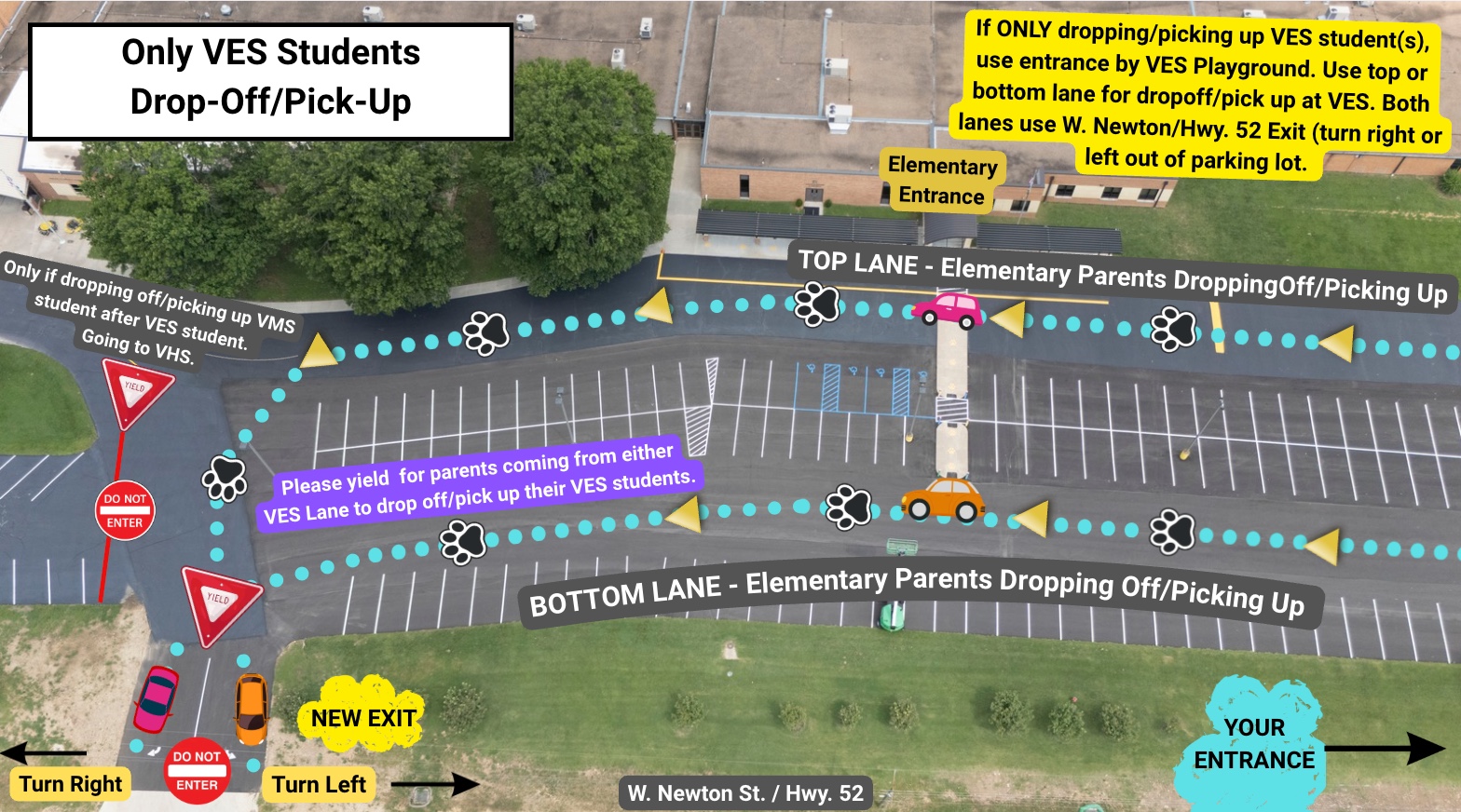Aerial view of a school parking lot with designated drop-off and pick-up lanes for VES students.