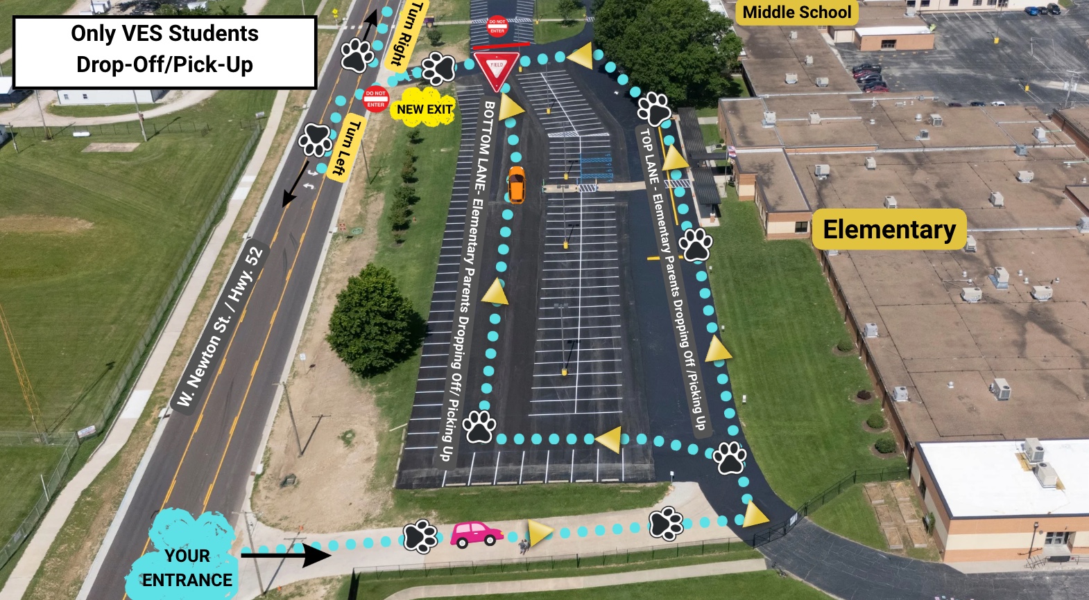 Aerial view of a school drop-off and pick-up route with directional arrows and paw prints.