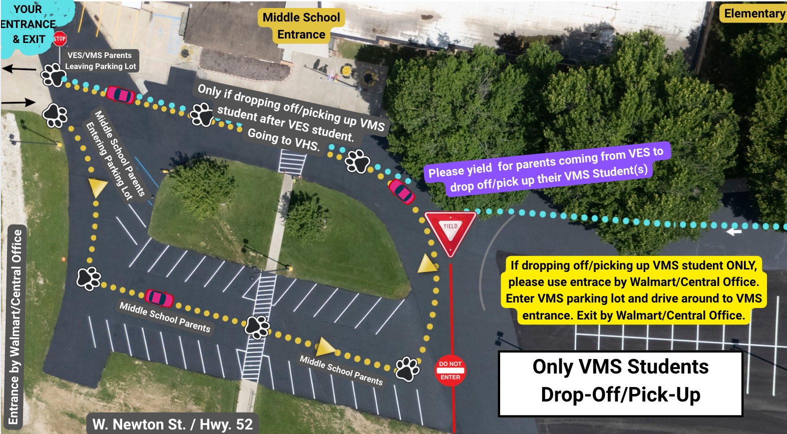 Aerial view of a school parking lot with traffic flow arrows and signs for drop-off and pick-up.