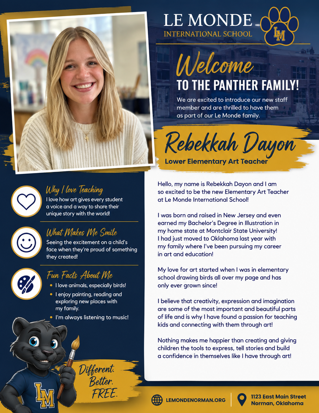 Welcome Miss Rebekkah to Lower Elementary Art!! 