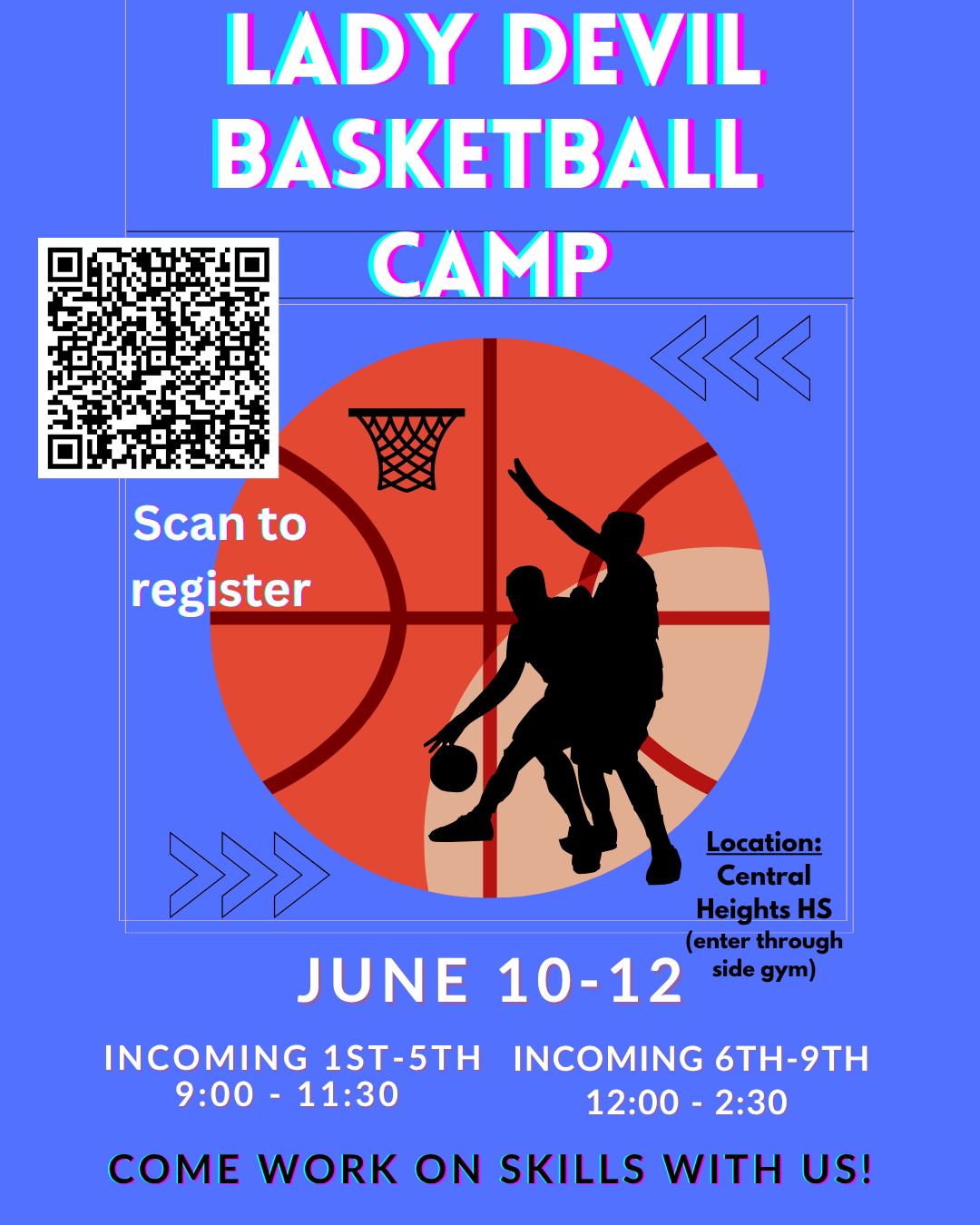 Poster for Lady Devil Basketball Camp, featuring silhouettes of players on a basketball court.