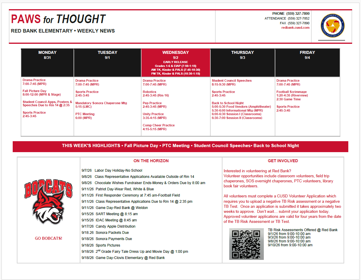 Weekly Calendar August 31-September 4, 2026