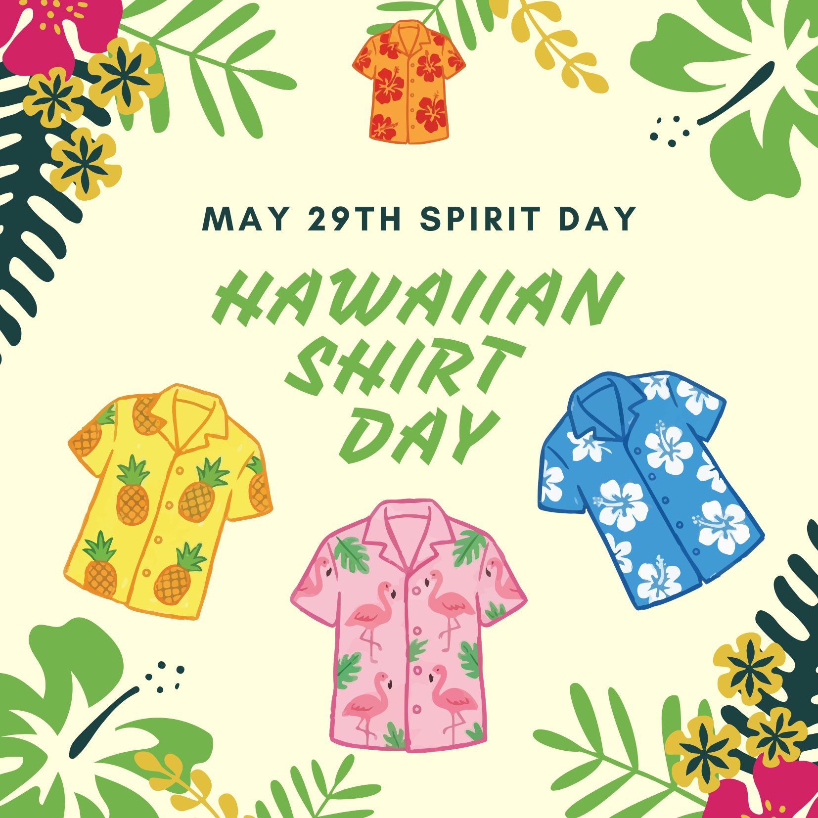 Illustration for May 29th Spirit Day: Hawaiian Shirt Day, featuring colorful shirts and tropical leaves.