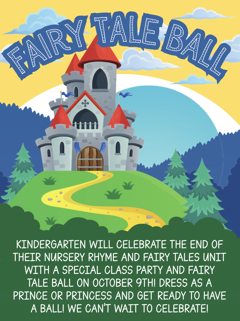 A colorful flyer featuring a castle on a hill with the text FAIRY TALE BALL at the top.