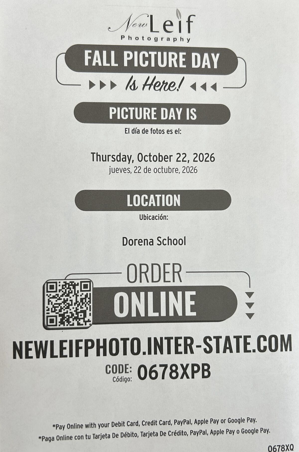 New Leif Photography. Fall Picture Day is here. Thursday Oct 22,2026
Online QR code Code: 0678XPB