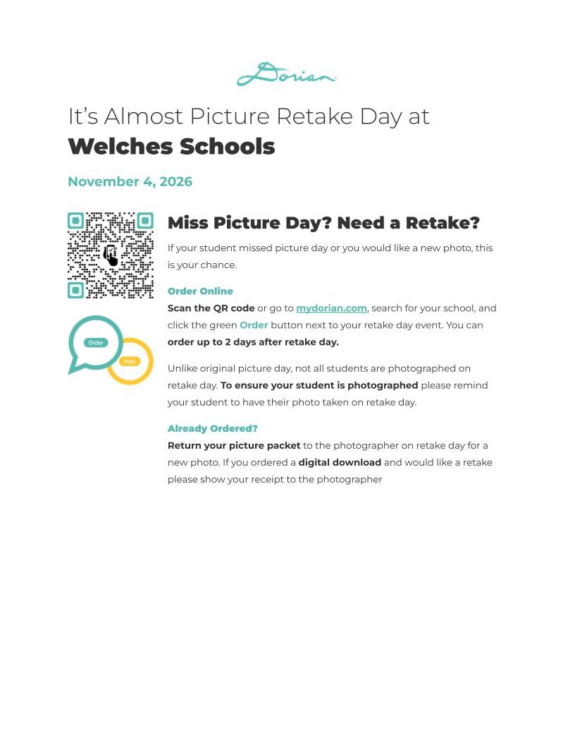 Welches Schools Picture Retake Day - 11/4/26