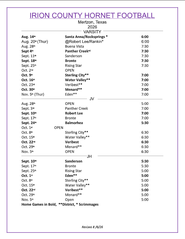 Updated Football Schedule
