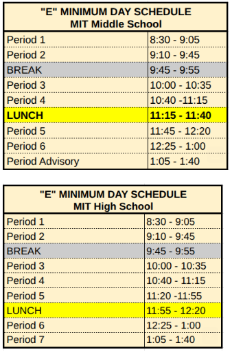 Change of Schedule for both MIT Middle and High School, week of 10/19/2026 -10/23/2026