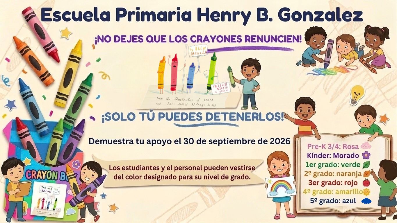 A colorful school flyer with Spanish text features illustrations of children drawing and animated crayons.