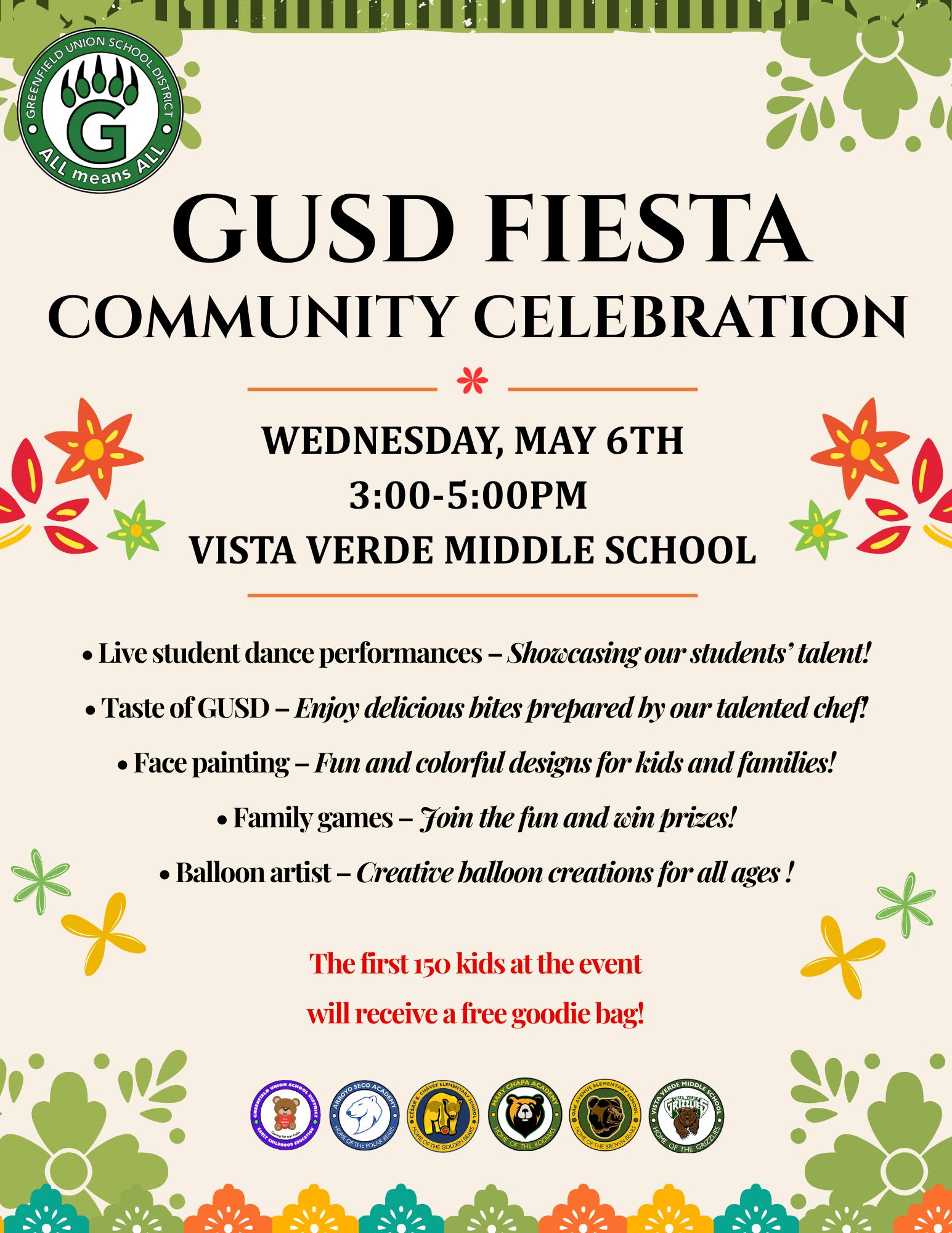 It’s GUSD FIESTA time 🎉 Join us TODAY from 3–5PM at Vista Verde Middle School for a community celebration! Join us for free food sampling, student performances, music, games, and more. You won’t want to miss it! 🎊