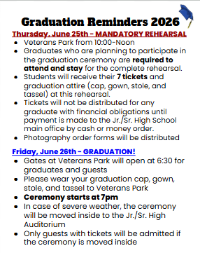 🎓 Graduation Rehearsal TOMORROW! (Mandatory)