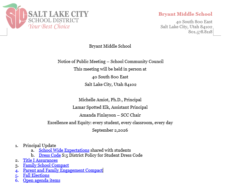 School Community Council Meeting - Wednesday, Sept 2nd - Please join us!