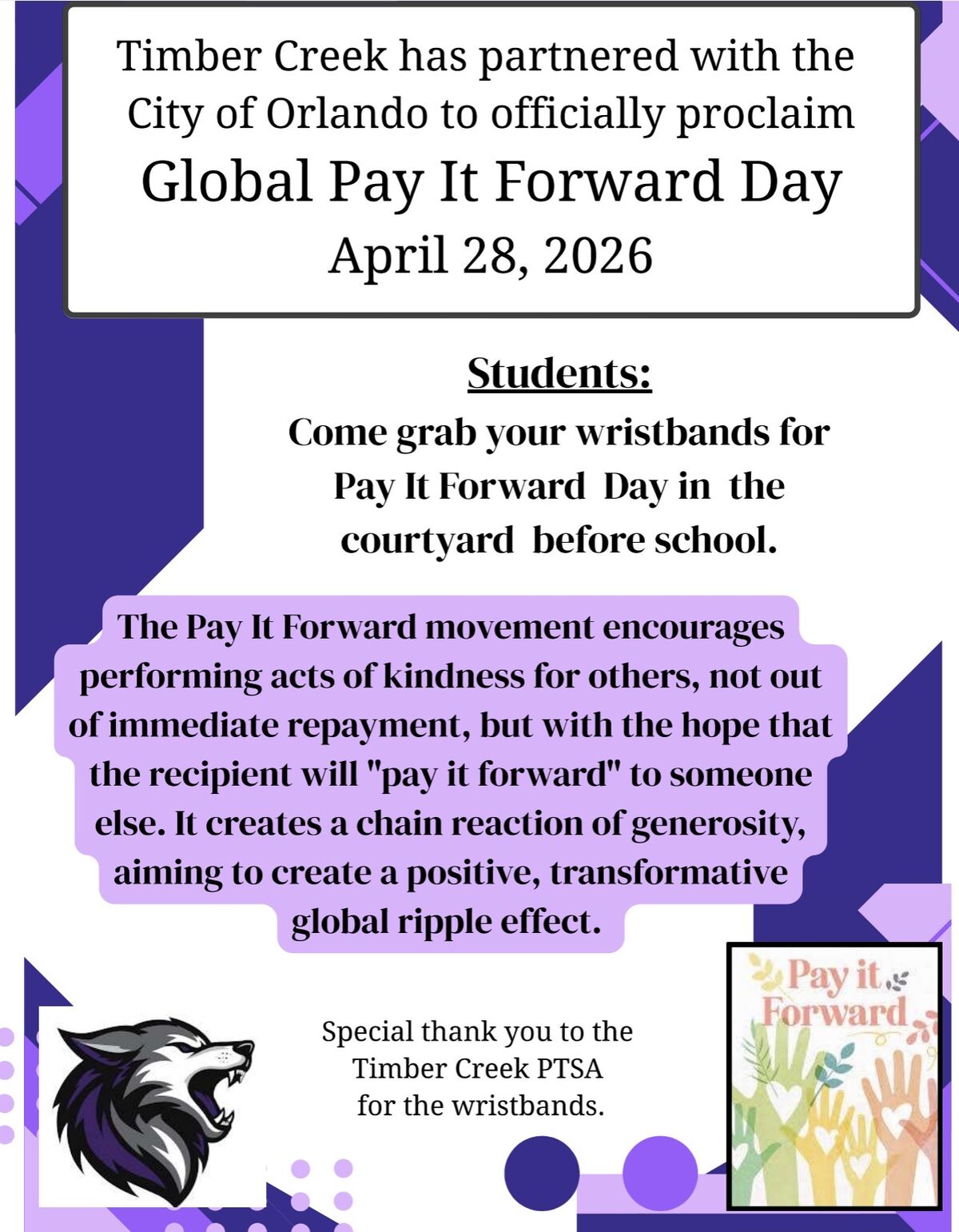Global Pay It Forward Day, April 28 (Wear Purple)