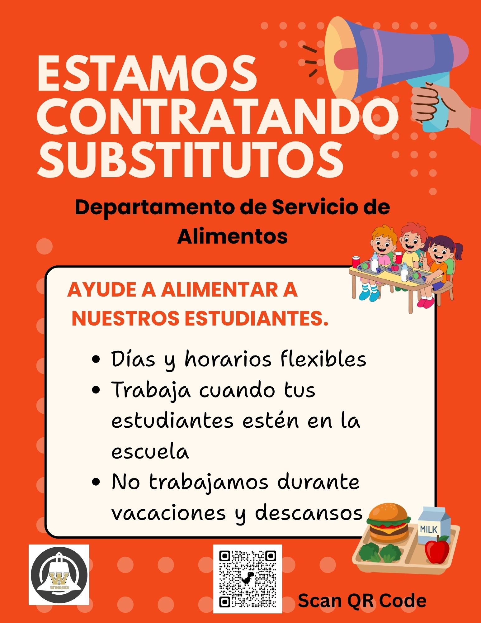 A hiring poster in Spanish with an orange background announces substitute openings for a food service department, featuring illustrations of children eating and a hand holding a megaphone.