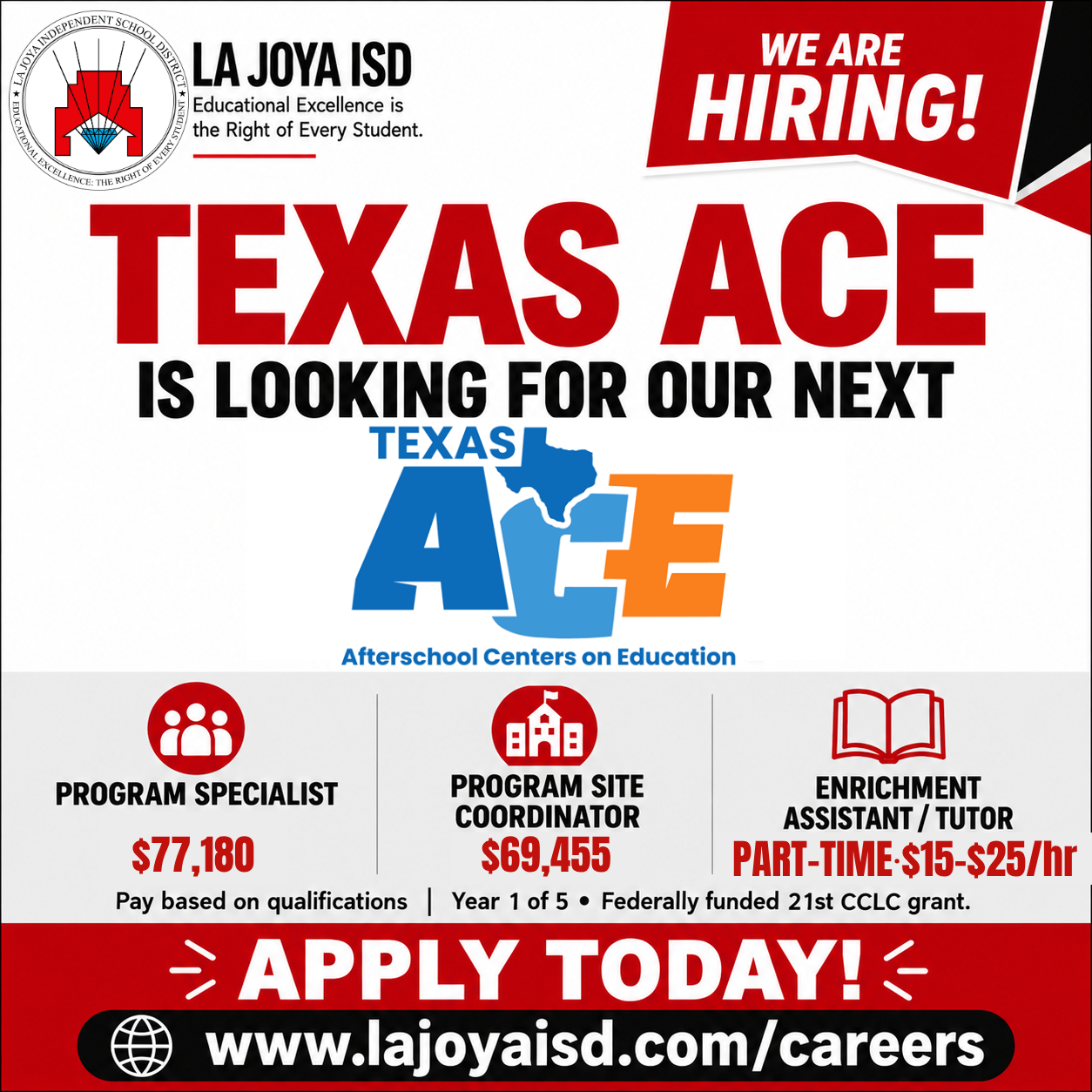 📣 WE’RE HIRING! Join the La Joya ISD ACE Team! 🌟
