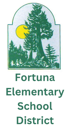 Logo for Fortuna Elementary School District featuring a large evergreen tree and a bright yellow sun.