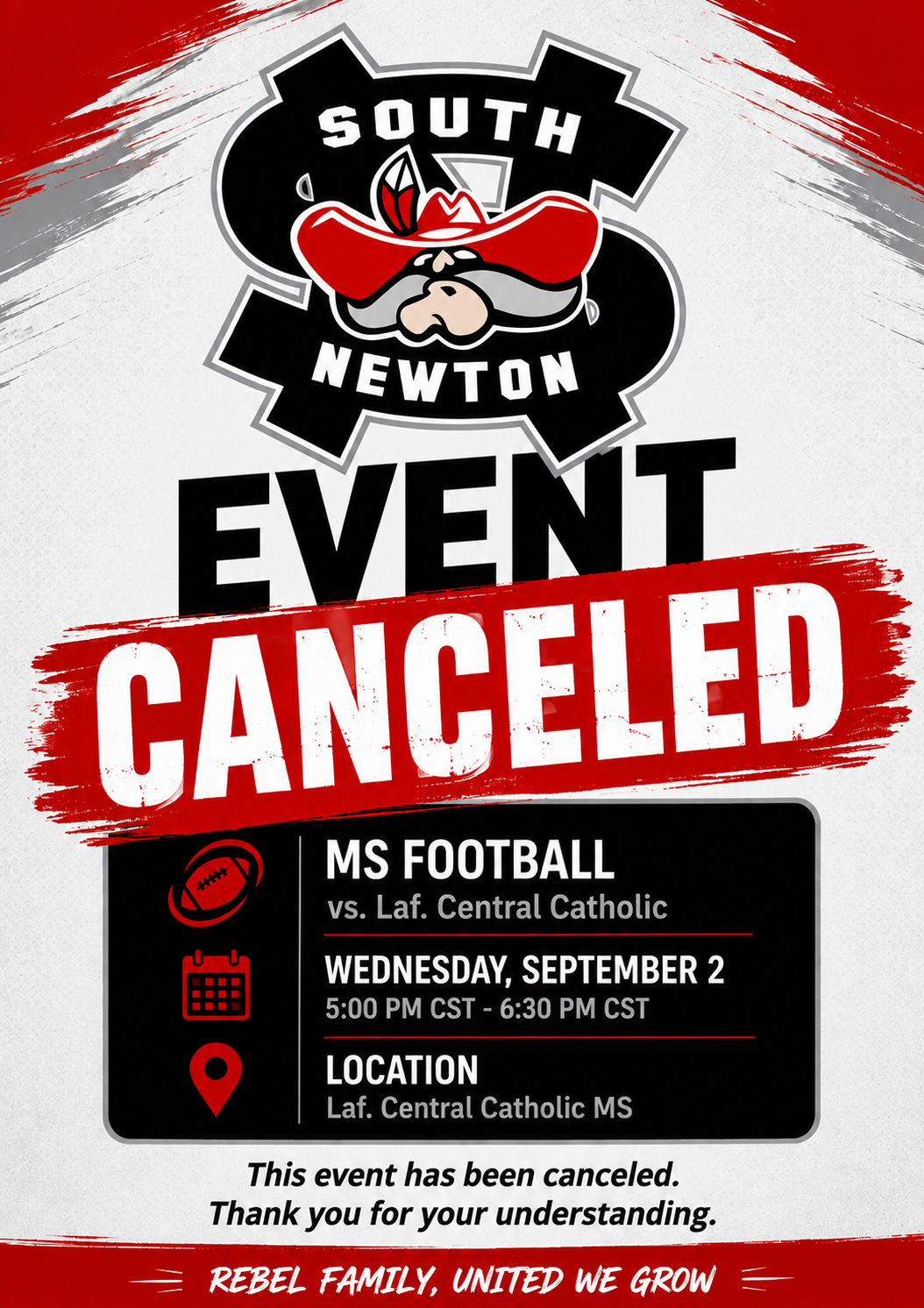 South Newton MS Football Canceled - Wednesday, 9/2