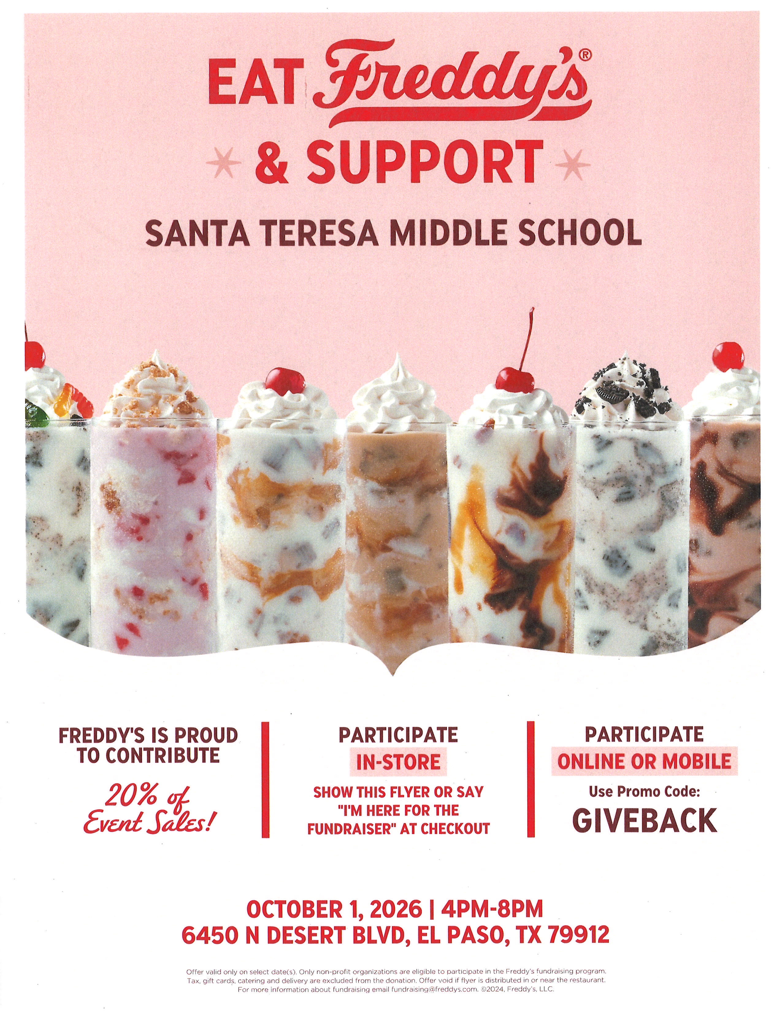 🍔 FREDDY’S Santa Teresa Middle School FUNDRAISER! / ¡RECAUDACIÓN DE FONDOS para la Escuela Secundaria Santa Teresa de FREDDY’S! 🍨