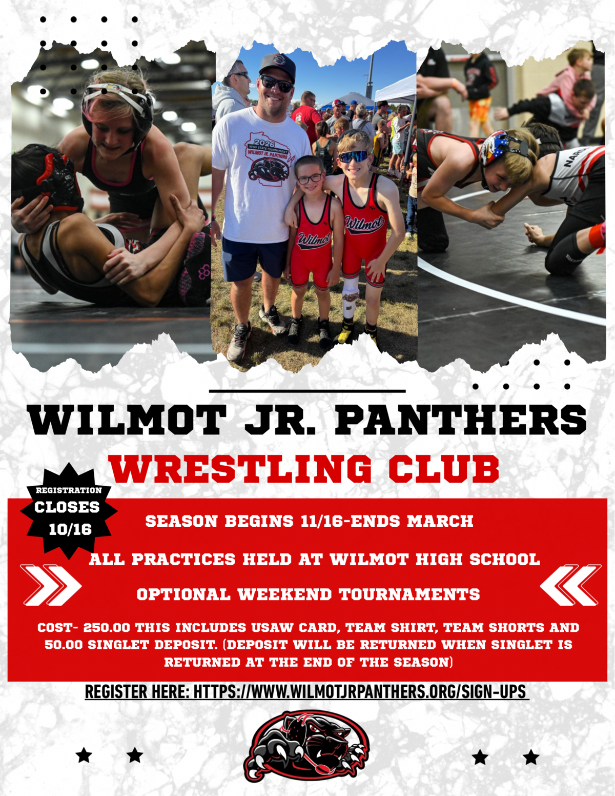 Poster for Wilmot Jr. Panthers Wrestling Club, featuring images of young wrestlers and event details.