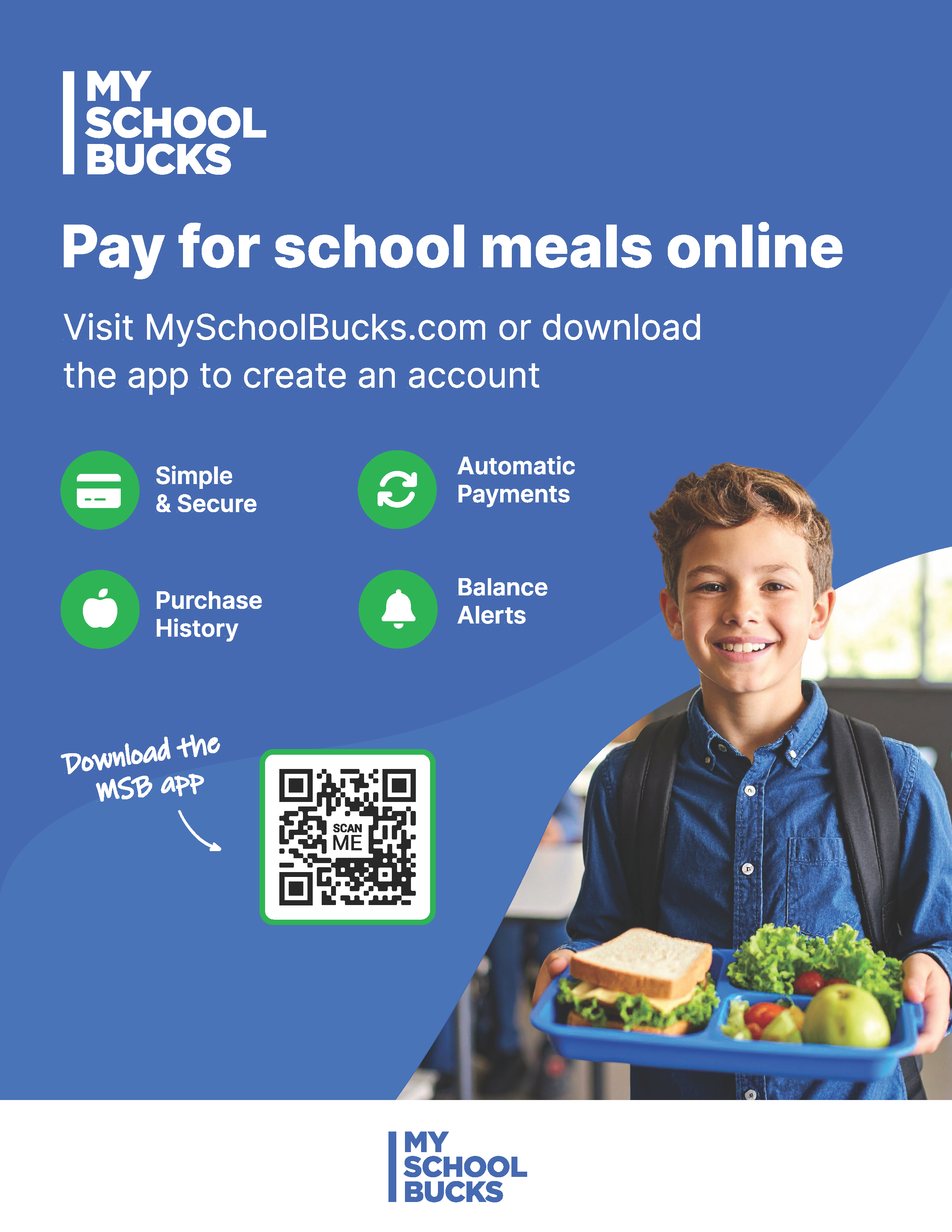 Promotional poster for MySchoolBucks featuring a smiling student holding a lunch tray, with text explaining online school meal payments.
