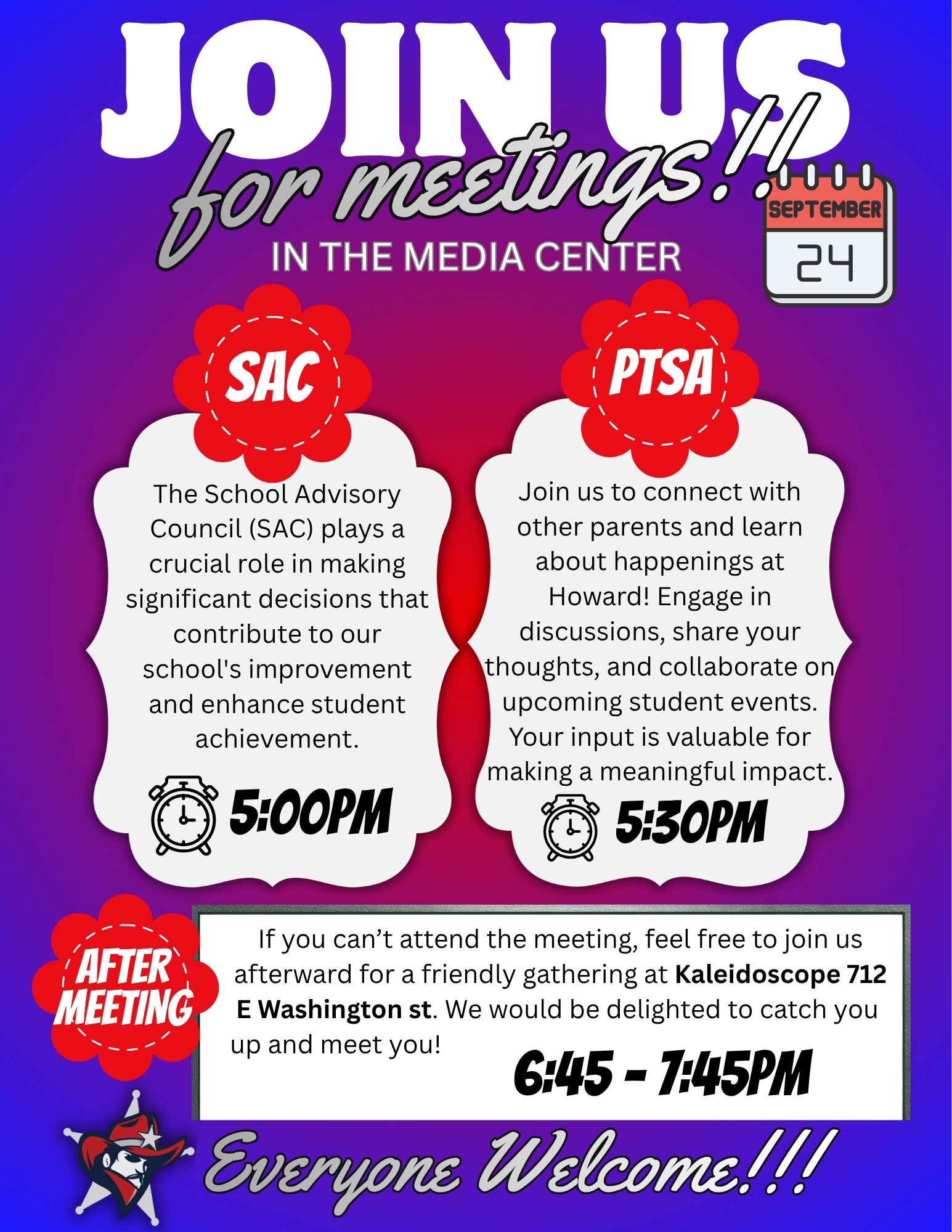 PTSA General Meeting, Thursday 9/24/26, 5:00 p.m.