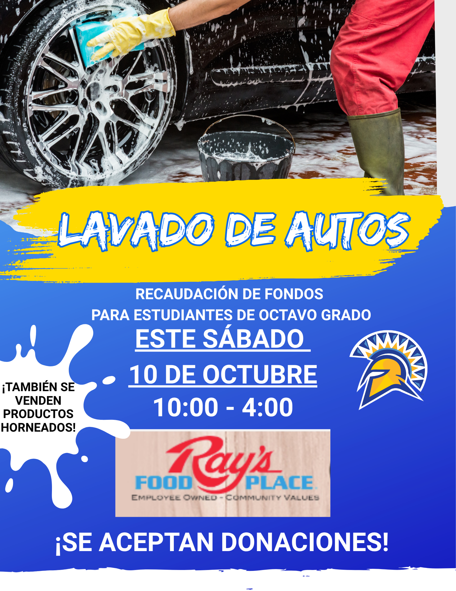 Flyer for an eighth-grade car wash fundraiser on Saturday, October 10th, featuring a car washing scene at the top.