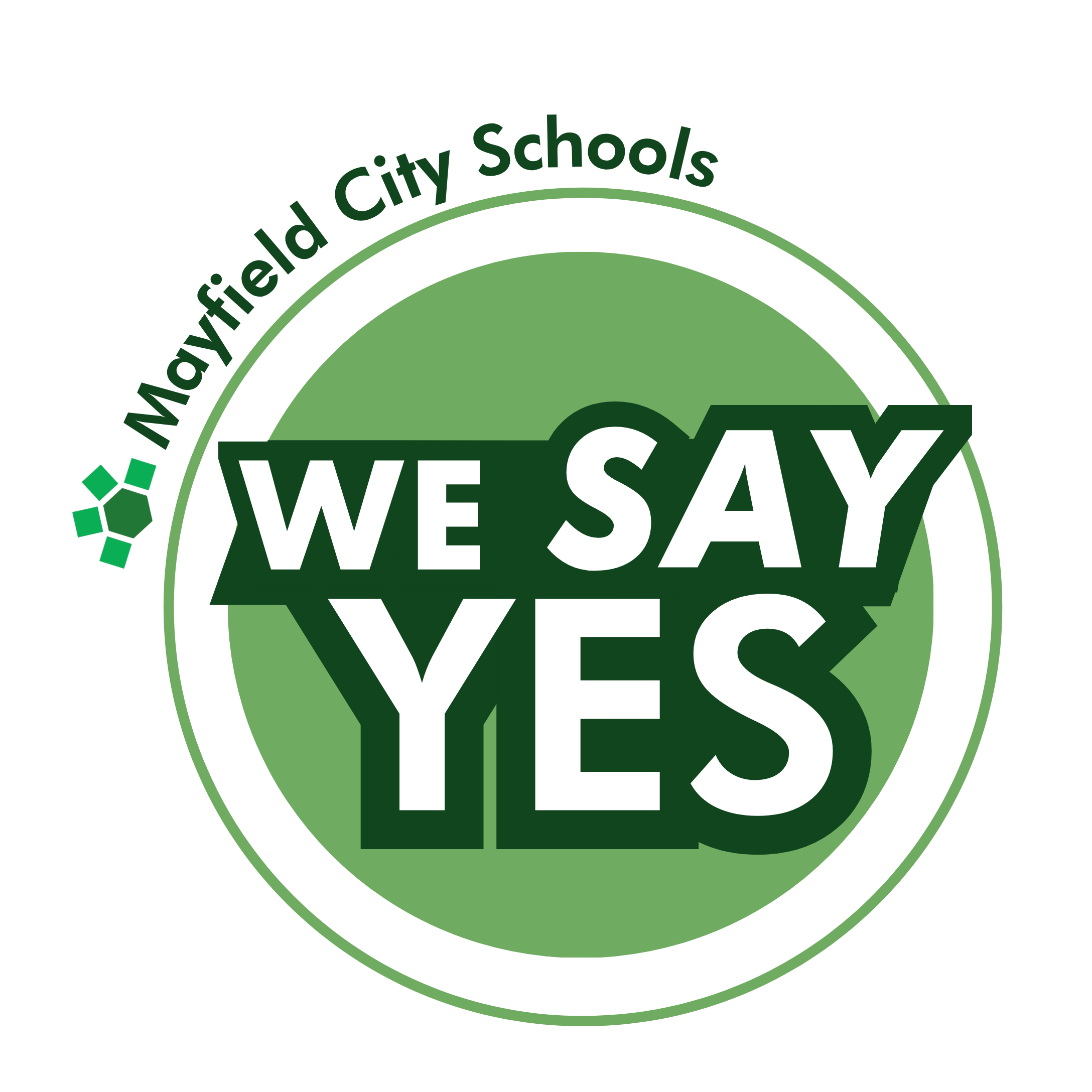 A round logo for Mayfield City Schools featuring the green and white text 'WE SAY YES'.