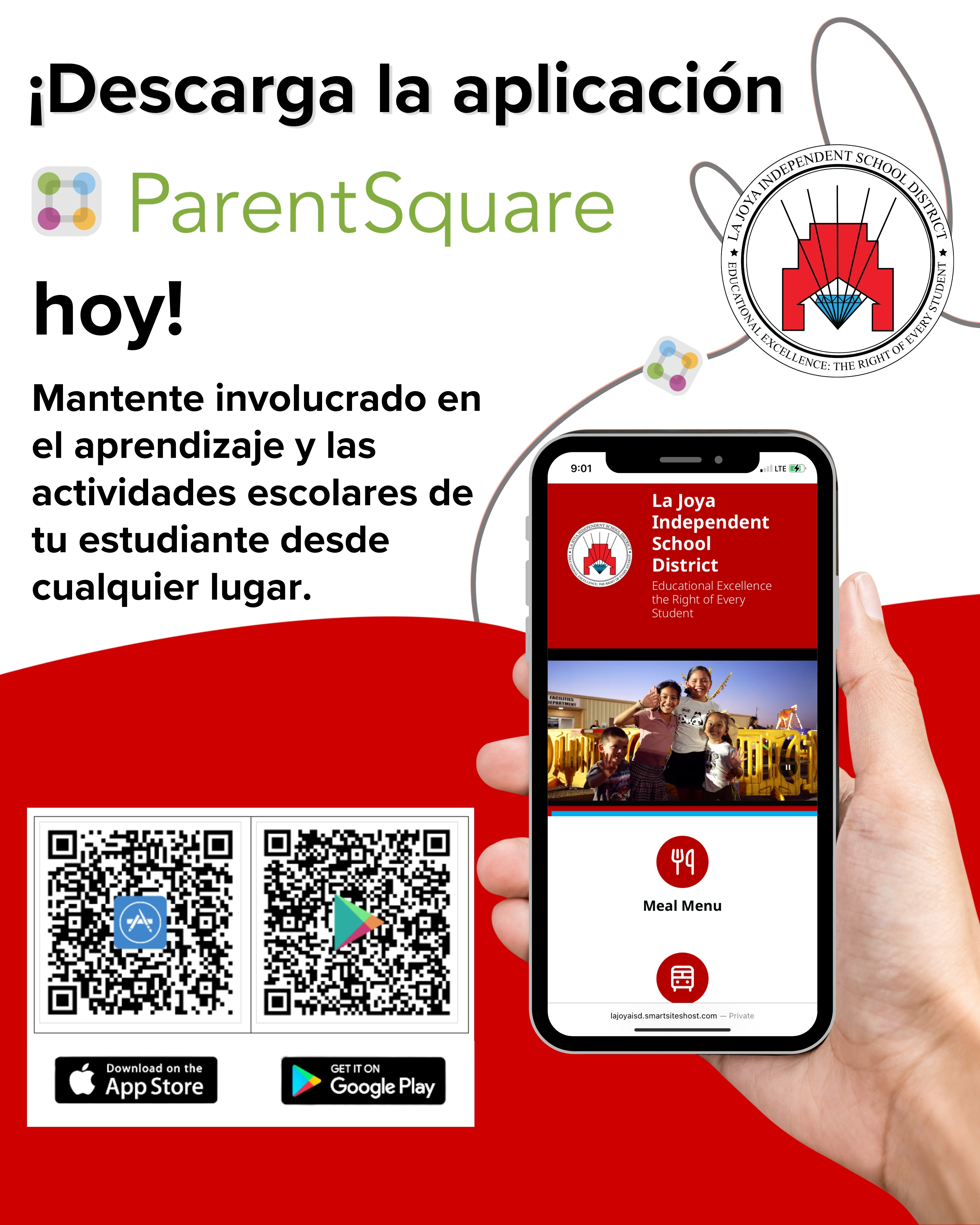 A promotional poster for the ParentSquare app, featuring a smartphone displaying the La Joya Independent School District portal with Spanish text.