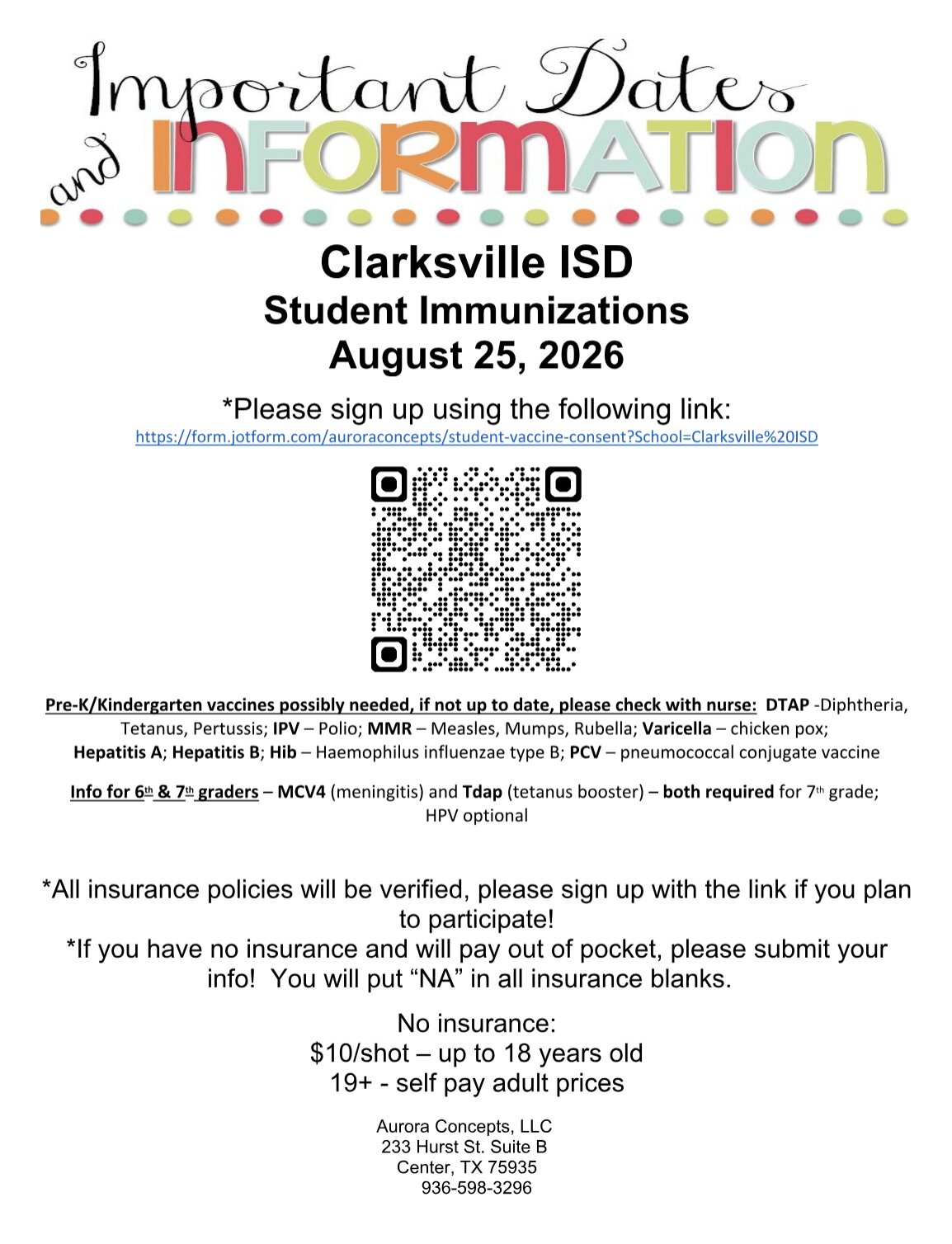 Clarksville ISD Student Immunizations 2026-2027