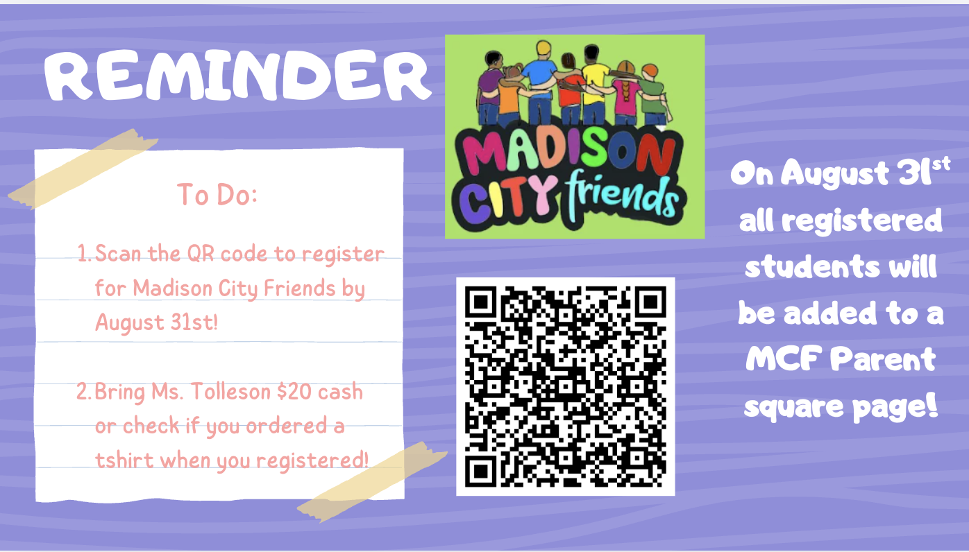 A reminder graphic with the title 'REMINDER' and a to-do list for Madison City Friends.