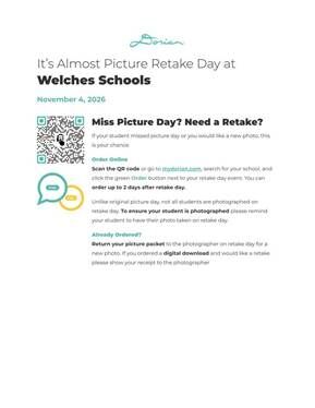 If your student missed picture day or you would like a new photo, this is your chance.Not all students are photographed on retake day. To ensure your student is photographed, please remind your student to have their photo take on retake day.Order online at mydorian.com or return your picture packet to the photographer on picture day for a new photo. If you ordered a digital download and would like a retake, please show your receipt to the photographer.