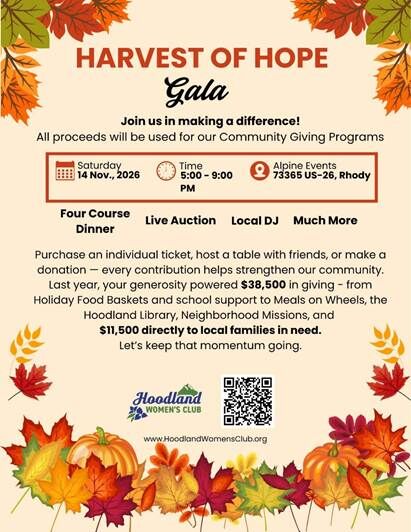 Hoodland Women's Club Gala
Alpine Events - 11/14/26 - 5-9 pm
